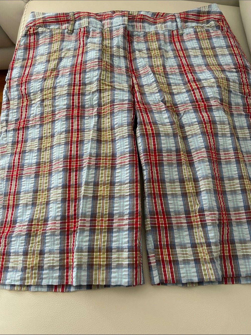 Women’s Plaid Seersucker Shorts in Light Blue, Red & Tan